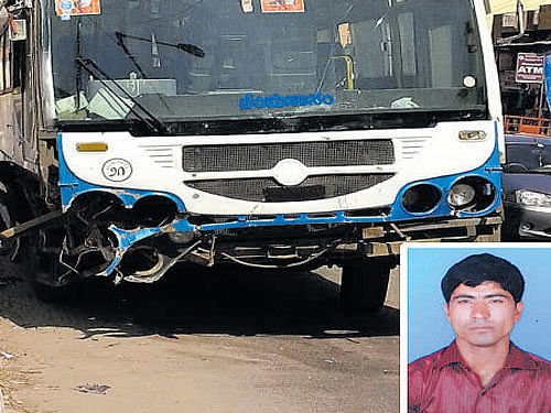 Madhu Kumar (inset) was killed when a bus rammed into his two-wheeler.