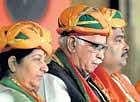 top brass: Senior BJP leader L K Advani with Leader of Opposition Sushma Swaraj and party President Nitin Gadkari at the BJP National Council in Indore, Madhya Pradesh, on Wednesday. PTI