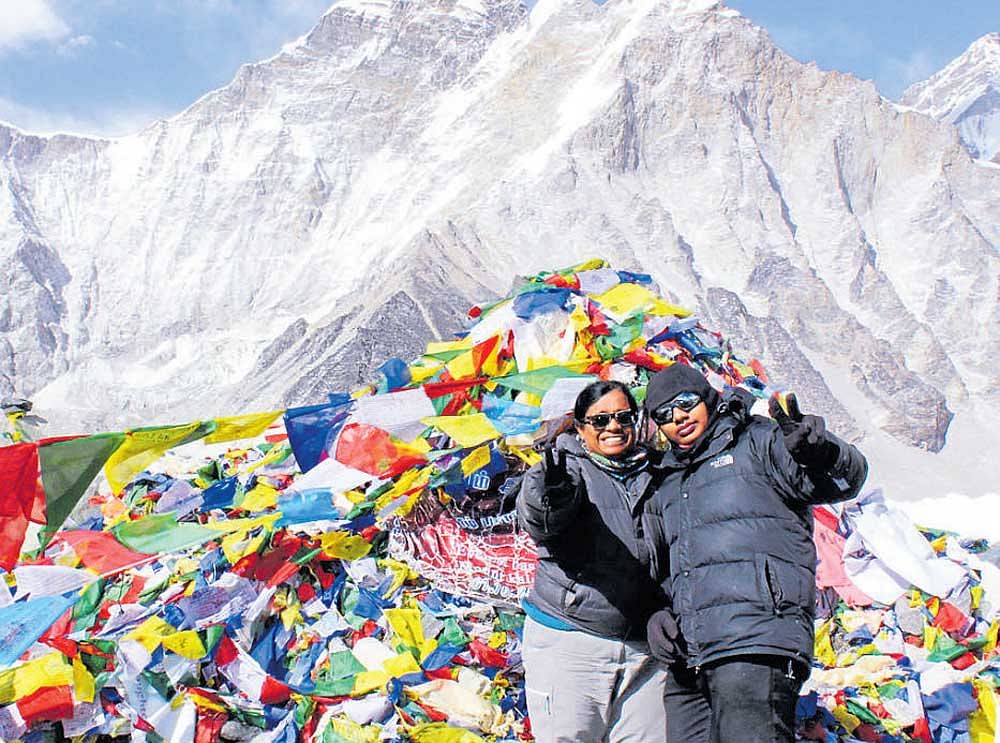 Pranav Vivek and his mother Kamala Narayanan at the  Everest Base Camp.