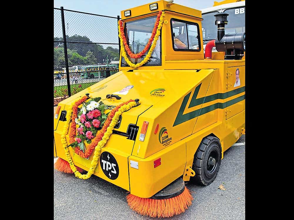 One of the nine sweeping machines procured by the BBMP on Monday. dh photo
