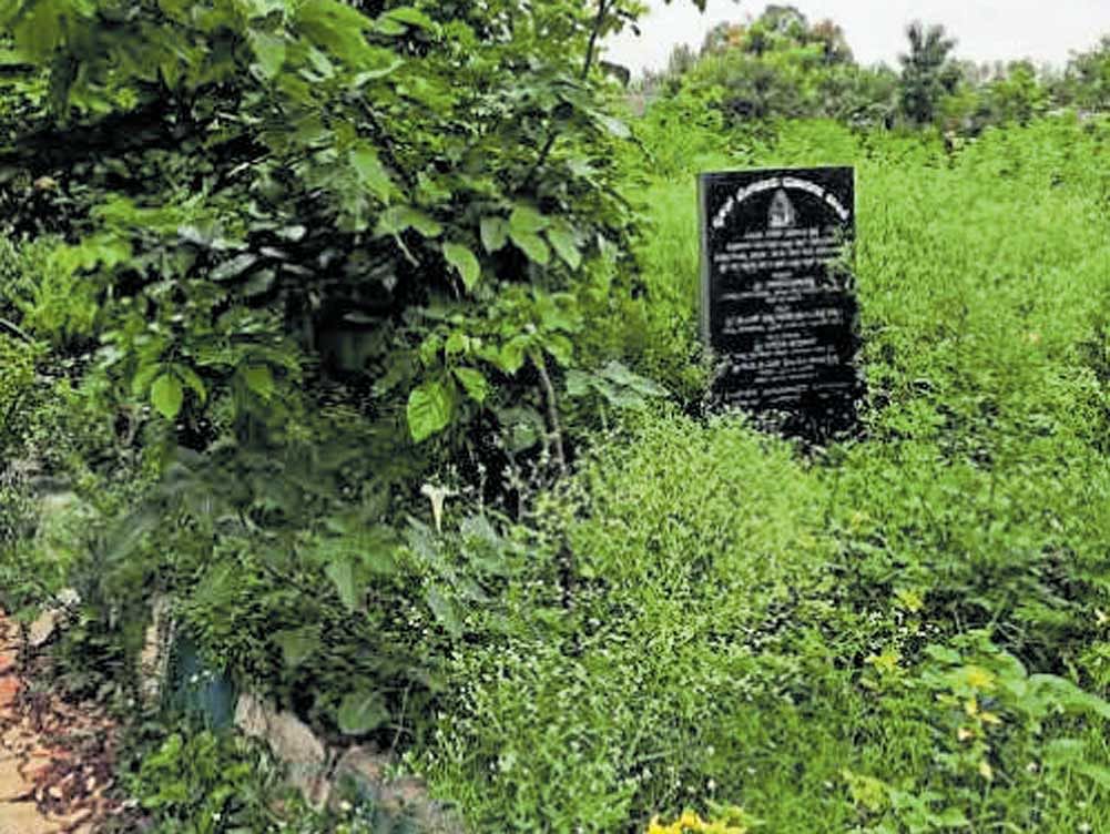 A&#8200;plaque proclaiming the BBMP's ownership of the park in Koramangala has been partly covered by the wild growth of plants.
