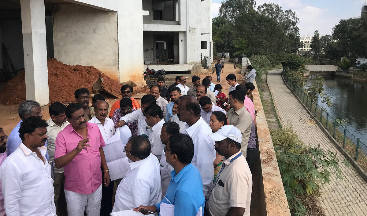 BBMP Town Planing committee inspecting the enchronment on the buffer zone in Kudlu gate at Bommanahalli in Bengaluru on Wednesday.
