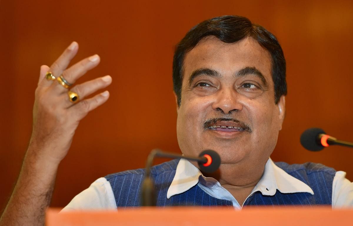 Union Minister for Road Transport, Highways and Shipping Nitin Gadkari gestures at a function on the occasion of "International Labour Day" in New Delhi on Tuesday. PTI Photo