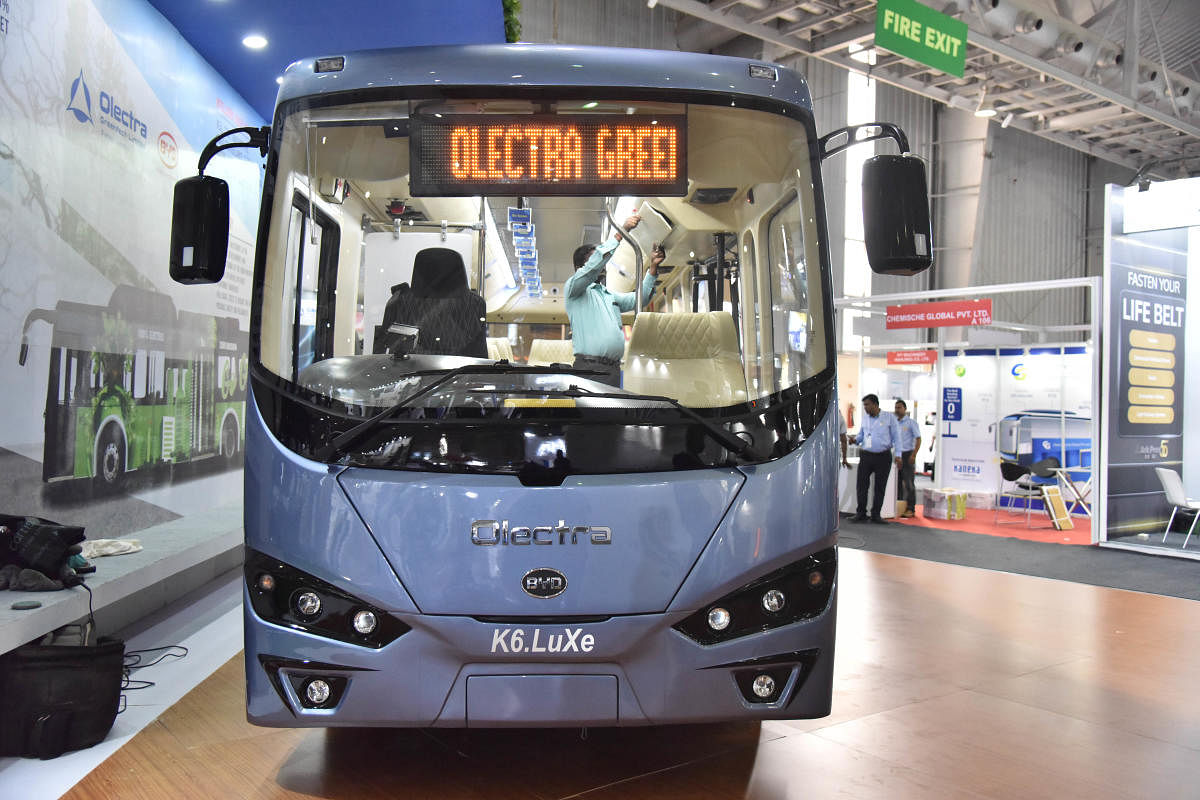 Olectra K6.LUXe electric bus at the inauguration of busworld India Bengaluru 8th edition of b2b organised by busworld at BIEC in Bengaluru on Wednesday 29th August. Photo by Janardhan B K
