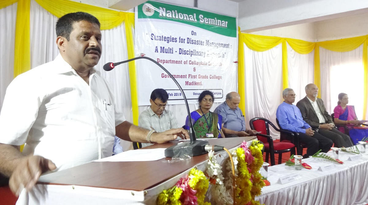 MLA M P Appachu Ranjan speaks at a workshop on ‘Strategies for Disaster Management: A Multidisciplinary Approach’, at Government First Grade College in Madikeri. 