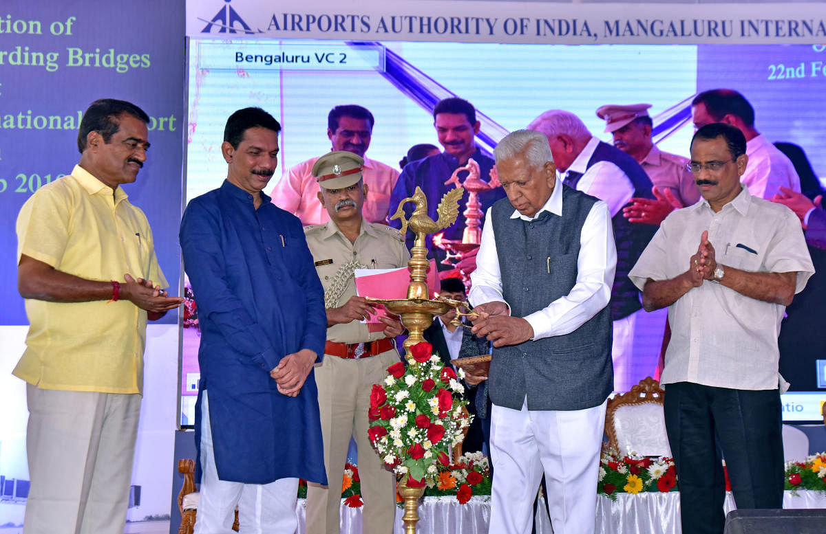 Governor Vajubhai Rudabhai Vala inaugurates a programme to lay foundation for terminal building expansion at Mangaluru International Airport on Friday.
