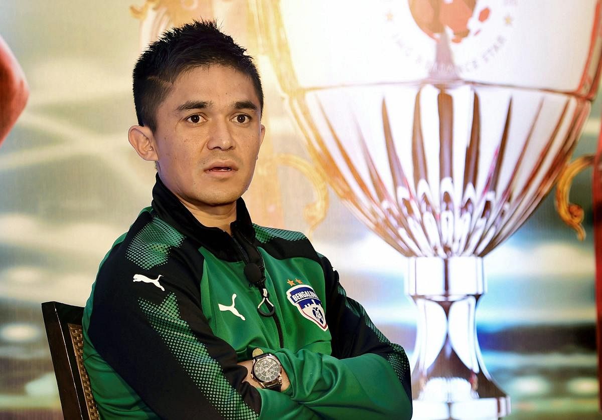 The All India Football Federation (AIFF) is set to recommend Sunil Chhetri for the country's fourth highest civilian award -- the Padma Shri -- a huge recognition for the nation's all-time leading goal-scorer should he get the honour. PTI file photo
