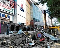 A&#8200;portion of the ramp at Mantri Mall in Malleswaram lies  demolished following a BBMP operation on Wednesday.  DH photo/B K Janardhan