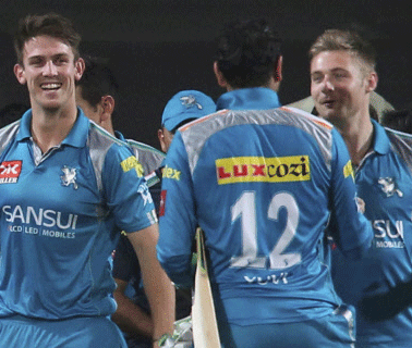 Pune Warriors cricketers celebrate their victory over Rajasthan Royals in an IPL 6 match in Pune on Thursday. PTI Photo
