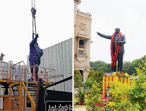 AT&#8200;LONG&#8200;LAST: The BMRCL shifted the statue of Dr B R Ambedkar to the Rose Garden on the premises of Vidhana Soudha on  Tuesday. The statue was shifted to facilitate work on the Namma Metro underground railway station. dh Photos