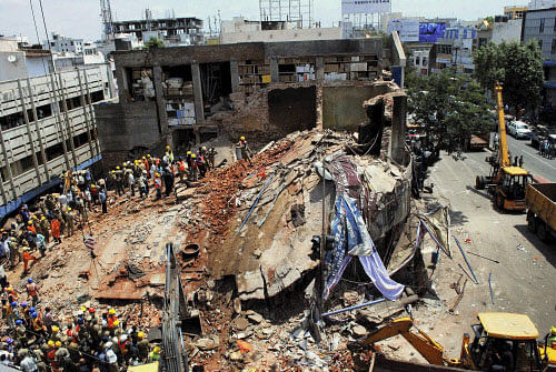 Rescue work in progress after a hotel collapsed in Secunderabad in Andhra Pradesh on Monday. PTI Photo