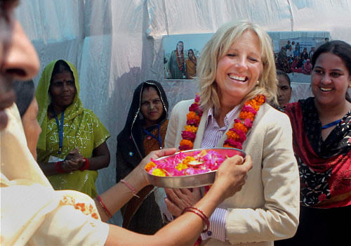 US Vice president Joe Biden's wife Jill Biden is greeted at Kachhpura village during her visit to USAID 'Health of the Urban Poor' programme near in Agra on Tuesday. PTI Photo