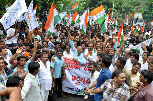 Seemandhara people during a protest in Rajahmundry on Monday against bifurcation of the AP state for creation of separate Telangana. PTI Photo