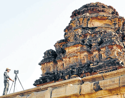 Hyper-accurate survey: A technician takes 3D scans of the Vijaya Vittala temple in Hampi. dh photo