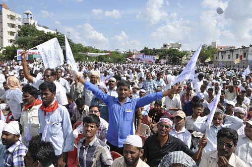 File photo of supporters of 'United Andhra Pradesh' shouting slogans during a protest at Karnool district. AP