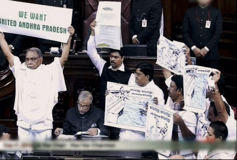 Members display placards in support of 'United-Andhra Pradesh' in Rajya Sabha in New Delhi. PTI Photo