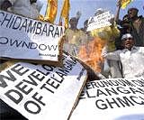 TDP activists burn an effigy of Home Minister P. Chidambaram and Congress President Sonia Gandhi in Hyderabad on Saturday. AP