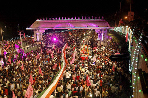 Midnight celebrations on Telangana Formation Day in Hyderabad on Sunday. PTI Photo
