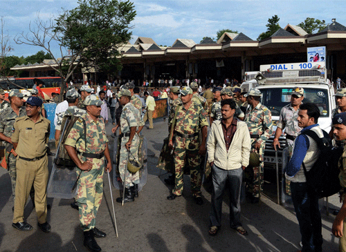 Armed Paramilitary force deployed in front of the Mahatma Gandhi Bus station in Hyderabad during a bandh, called by Left parties and the Telangana Joint Action Committee over Polavaram project issue on Saturday. PTI Photo