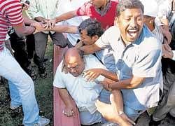 Up in arms: TDP legislator N Janardhan Reddy being beaten up by pro-Telangana activists during a protest in Hyderabad on Thursday. PTI