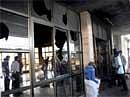 A view of the Jamia Nizamia Train Station interior burnt by the students near Osmania University Station Demanding Telengana Statehood during a 48 hrs 'band' in Hyderabad on Thursday. PTI