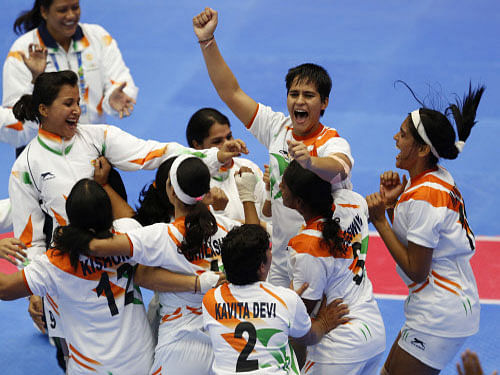 India's team celebrate after winning the women's team Kabaddi gold medal match at the 17th Asian Games in Incheon, South Korea. AP photo
