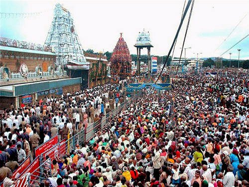 Lakhs of devotees Thursday thronged Tirupati and other Hindu temples in Andhra Pradesh and Telangana on Vaikuntha Ekadasi, which coincided with the New Year. PTI File Photo.