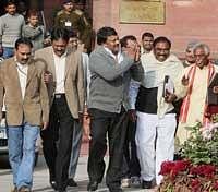 Praja Rajyam chief Chiranjeevi, Andhra Pradesh BJP chief Bandaru Dattatreya and other leaders come out after an all-party meeting on Telangana issue in New Delhi on Tuesday. The meeting was convened by Union Home Minister P Chidambaram. PTI