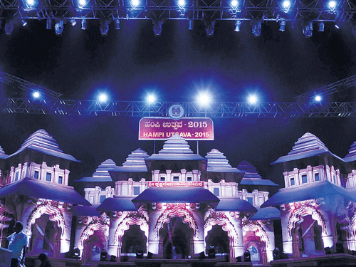 scintillating: Sri Krishnadevaraya Vedike, the central stage erected on the model of Kamal  Mahal, is illuminated for the three-day Hampi Utsav that begins on Friday. DH PHOTO