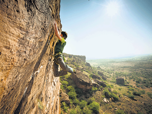fearless: Killian Fischhuber from Austria climbs the Badami hills.