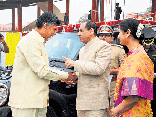 3. Andhra Pradesh Governor ESL Narsimhan welcomed by Chief Minister Chandrababu Naidu at Vijayawada.