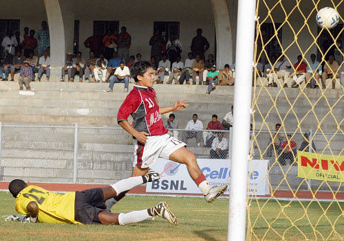 Sunil Chettri of mohun Bagan try to score against JCT during the Federation Cup football Championship In Bangalore . File photo DH