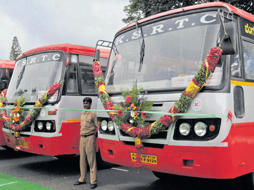The bio-buses that were launched by KSRTC&#8200;in the City on Friday. DH PHOTO
