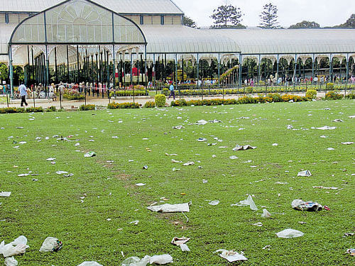 An additional 20 people were hired to clear trash at the Lalbagh Botanical Gardens. DH photo