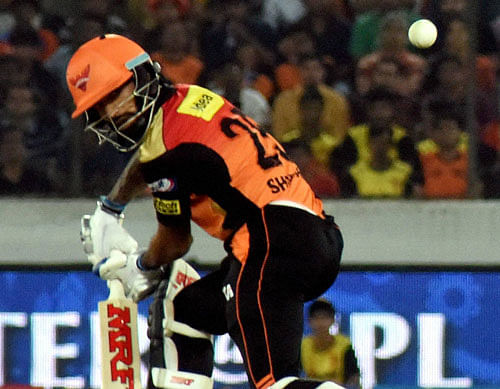 Shikhar Dhawan of Sunrisers Hyderabad plays a shot during an IPL 2016 match against Gujrat Lions in Hyderabad on Friday. PTI Photo