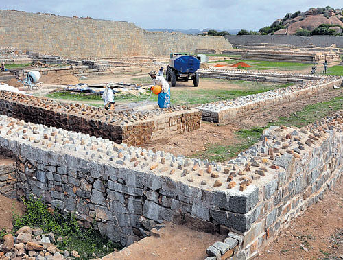 The restoration work of the palace of Veera Harihara  underway in Hampi. dh photo