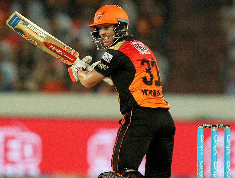 David Warner captain of Sunrisers Hyderabad plays a shot during an IPL 2017 match against Kings XI Punjab in Hyderabad. PTI Photo