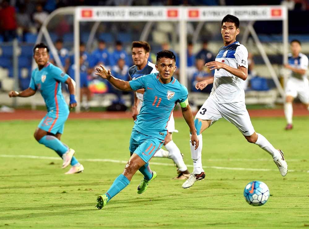 ndia Football player Sunil Chettri during the AFC Asian Cup UAE 2019 Qualifier between India & the Kyrgyz Republic at the Kanteerava Stadium in Bengaluru on Tuesday. PTI Photo