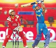 Big shot: Mumbai Indians Ambati Rayudu in a punishing mood during his breezy 46 against Royal Challengers in an IPL match in Bangalore on Saturday. DH photo/Srikanta Sharma R