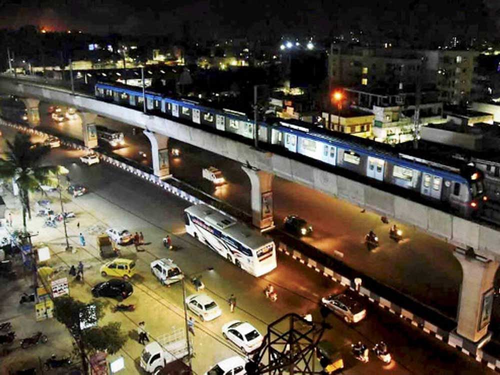 A Metro train during its trial run from Nagole to Metuguda in Secundrabad on Friday night PTI PhotoA Metro train during its trial run from Nagole to Metuguda in Secundrabad on Friday night PTI Photo