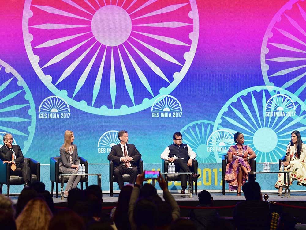 Niti Aayog CEO Amitabh (C) with USAID Administrator Mark Green (3rd L) and others at a panel discussion during the closing ceremony of the Global Entrepreneurship Summit 2017 in Hyderabad on Thursday. PTI Photo