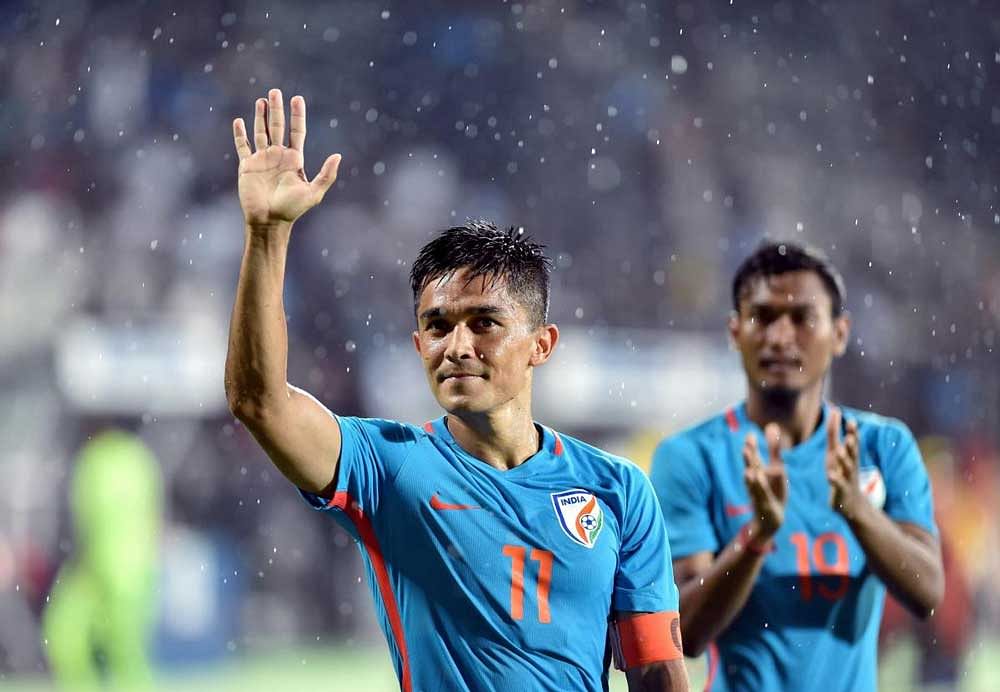 Chhetri scored a brace to take India to the cup and took his tournament total to eight goals. PTI Photo