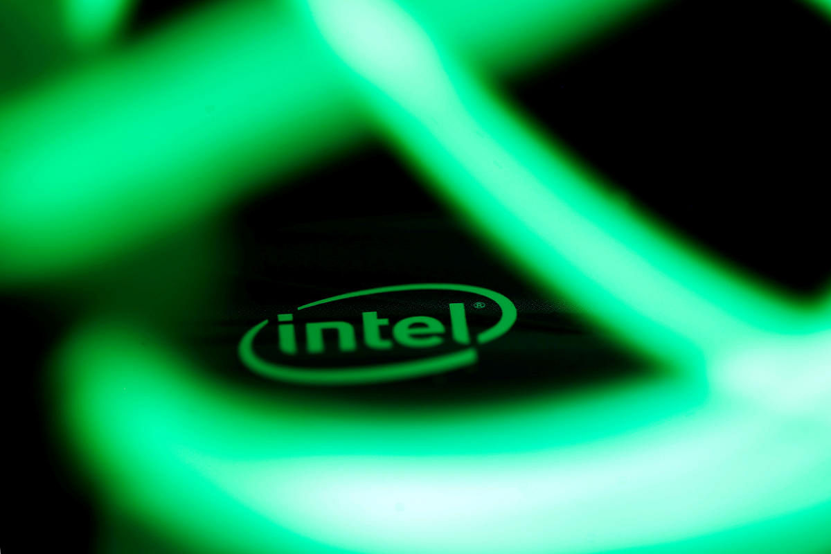 Intel logo is seen behind LED lights in this illustration. REUTERS