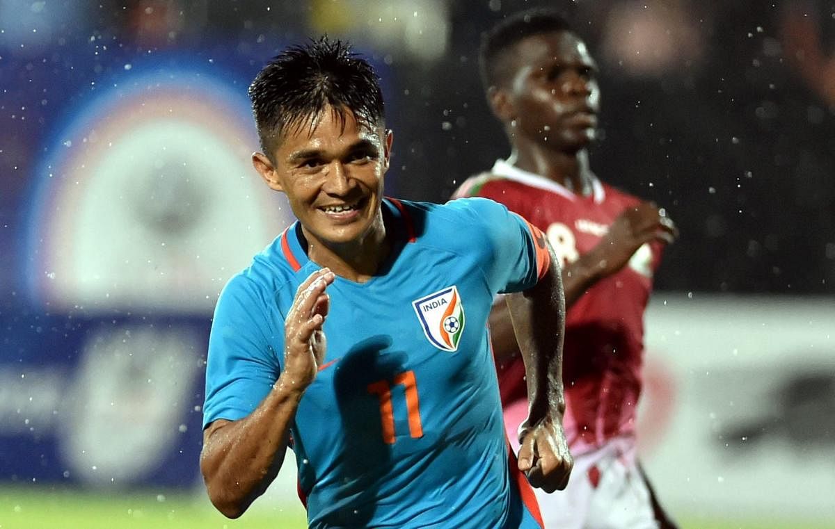 India's Sunil Chhetri celebrates after scoring against Kenya during their Intercontinental match in Mumbai on Monday. PTI