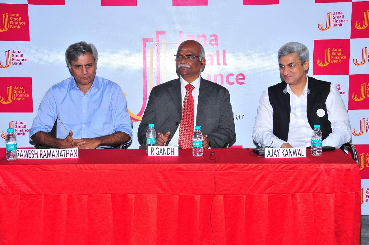 From left to right - Ramesh Ramanathan, Non-Executive Chairman, Jana Small Finance Bank; Chief Guest - R Gandhi, Former Deputy Governor of Reserve Bank of India and Ajay Kanwal, MD and CEO, Jana Small Finance Bank while addressing the press conference in