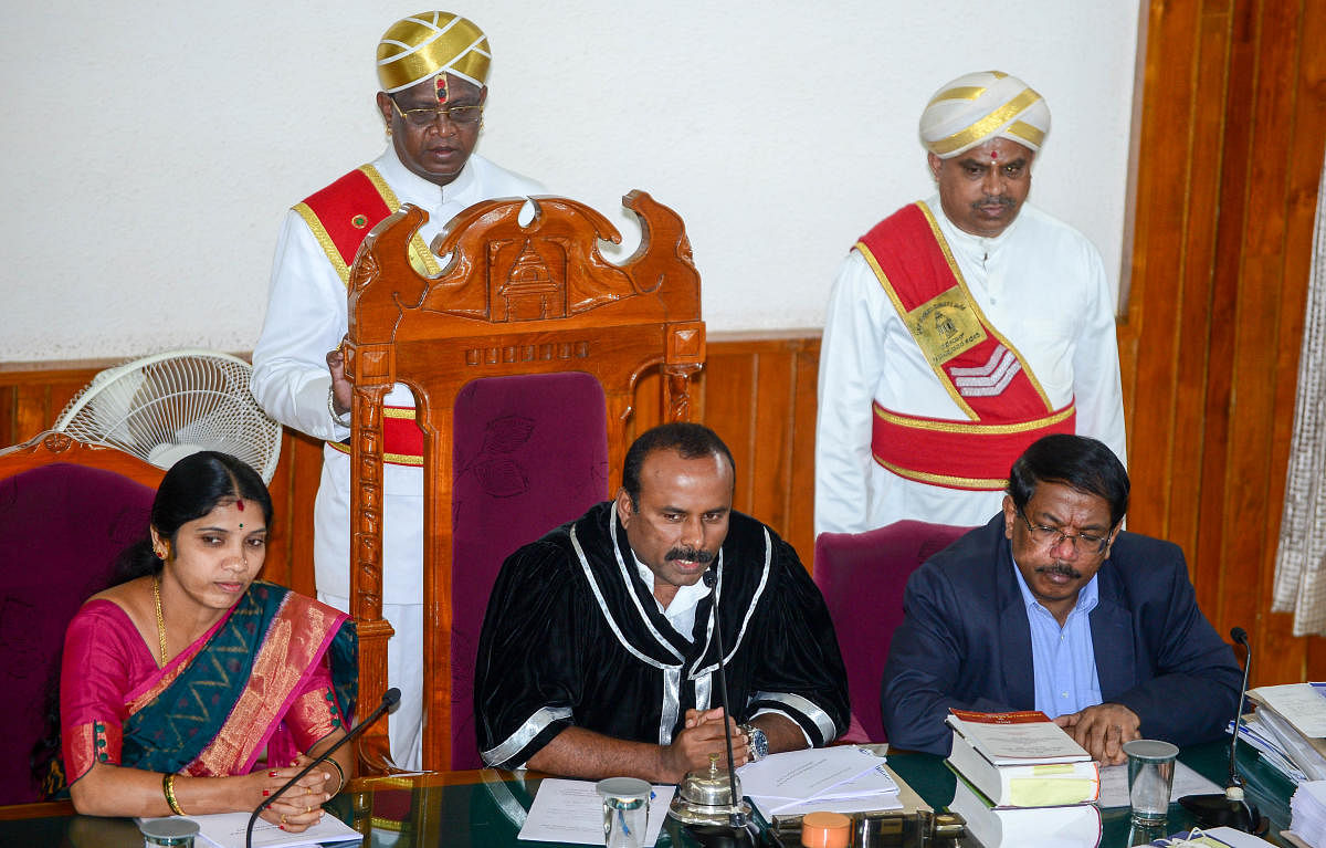 Mayor Sampath Raj, Deputy Mayor Padmavathi Narasimhamurthy and Commissioner Manjunath Prasad at the BBMP council meeting on Tuesday. DH PHOTO