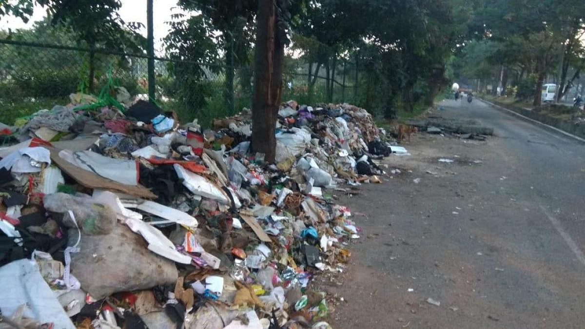 Garbage dumped near Agara Lake, HSR Layout on Tuesday.
