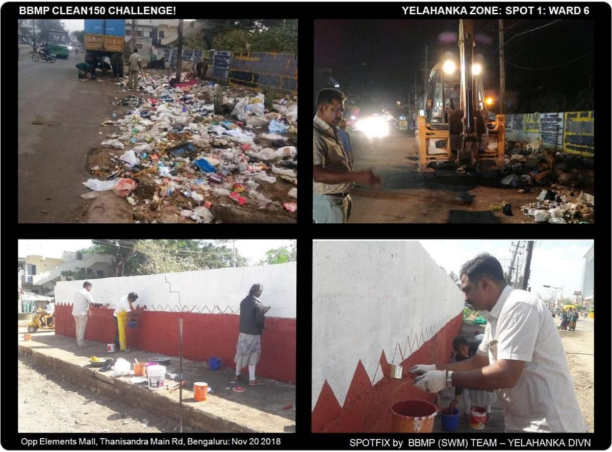 The Ugly Indian group teamed up with BBMP officials, Yelahanka zone, and pourakarmikas to clean up a garbage spot opposite Elements Mall in Thanisandra Main Road on Tuesday.