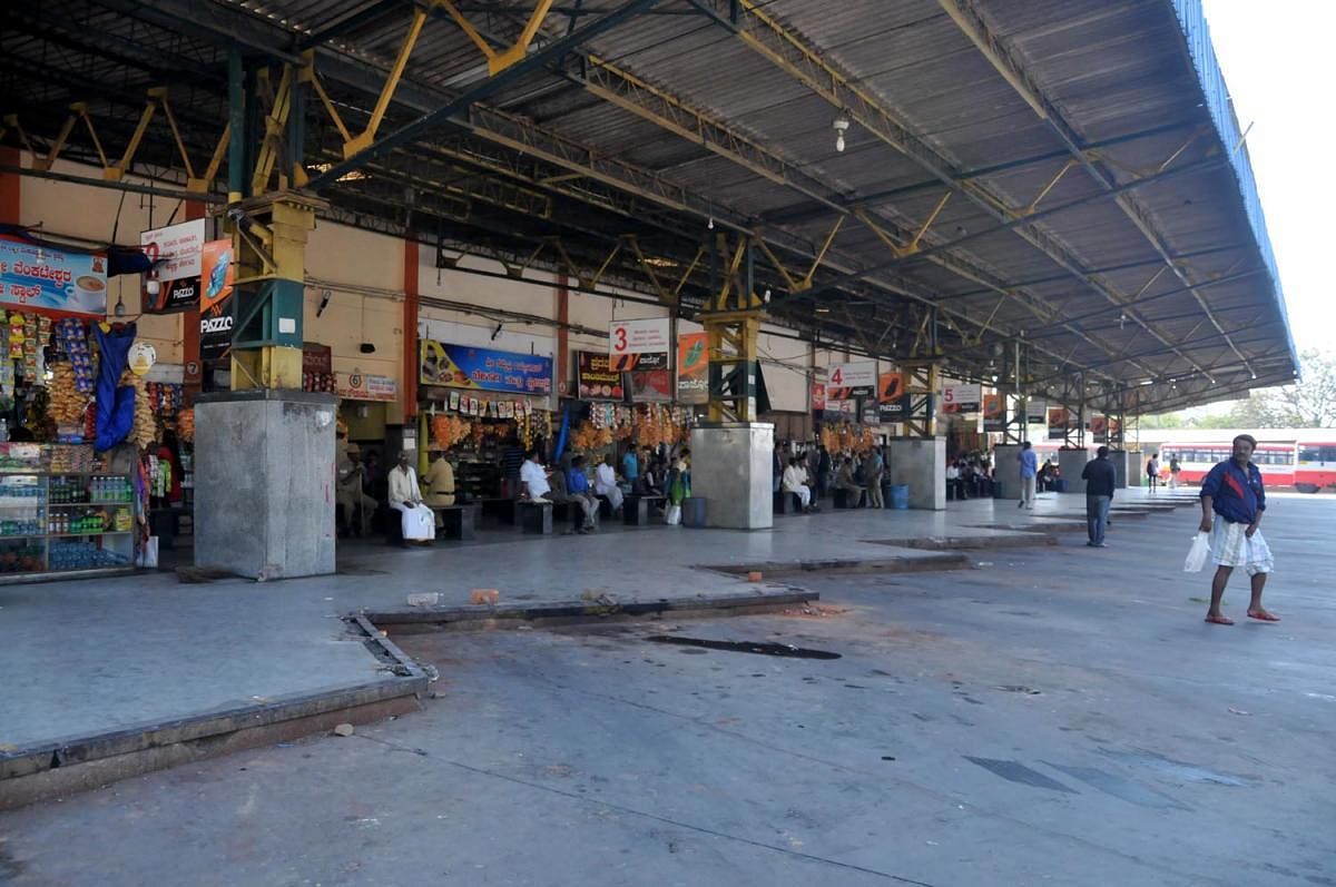 A view of the deserted platforms at the KSRTC bus stand in town.