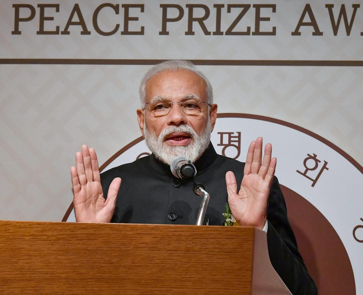 Prime Minister Narendra Modi addresses after receiving the Seoul Peace Prize, at the award ceremony in Seoul, on February 22, 2019. PIB/PTI